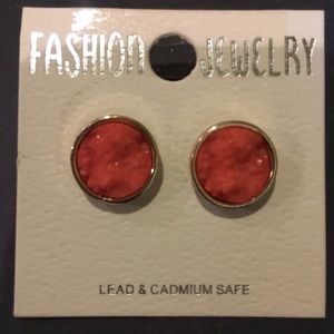 Gold and Coral Druzy Stone Studs